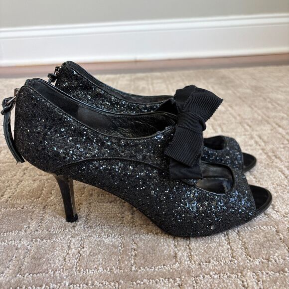 Miu Miu Glitter-Covered Leather Peep-Toe Oxford Pumps Women's 39 Black Italy - Picture 4 of 10